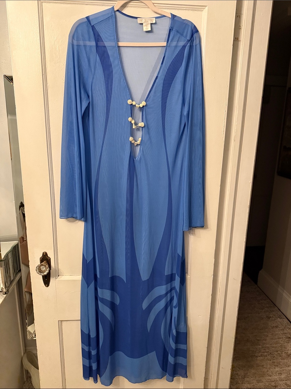 Caroline Constas Light Blue Sheer Maxi Cover Up/Dress with Shell Buttons
